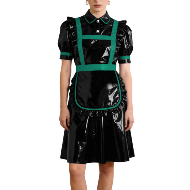 Gothic Style PVC Patent Leather Maid Uniform Puff Sleeves Apron A-line Dress with Button Front Sissy Cosplay Party Maid Outfits