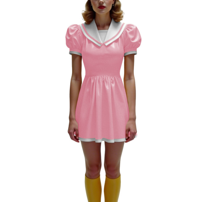 Anime Glossy PVC Leather Mini Dress Womens Preppy Short Sleeve Pleated Mini Dress Cosplay Costume Halloween Party School Uniform
