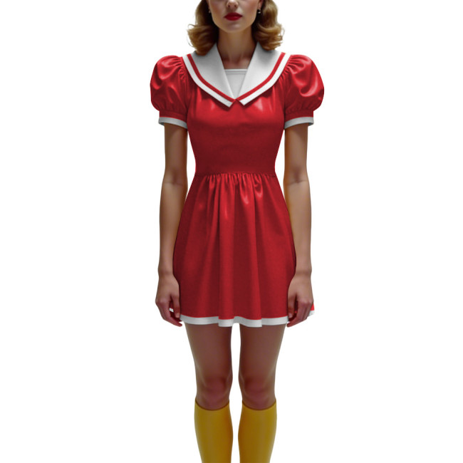 Anime Glossy PVC Leather Mini Dress Womens Preppy Short Sleeve Pleated Mini Dress Cosplay Costume Halloween Party School Uniform