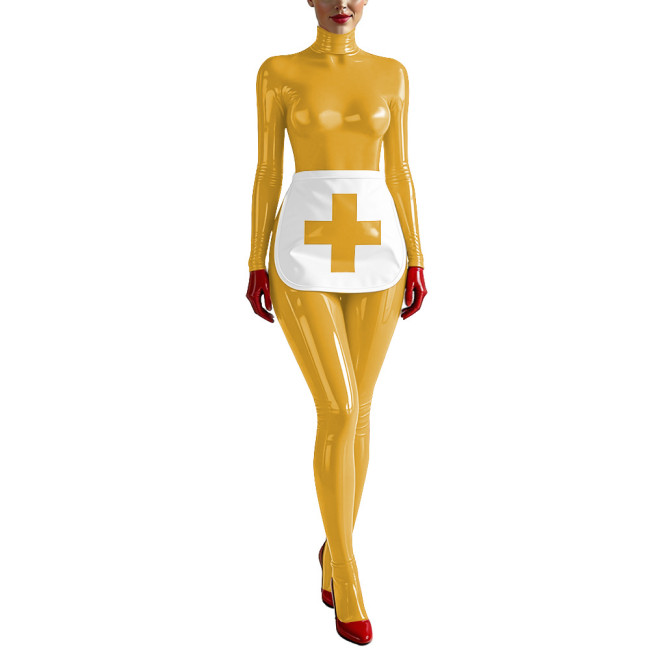 Party Cosplay Nurse Catsuit Long Sleeve PVC Vinyl Leather Bodysuit with Apron Wetlook Nurse Uniforms Halloween Roleplay Jumpsuit