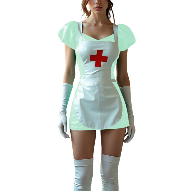 Sexy Women PVC Leather Fetish Nurse Dress Glossy Tight Short Sleeve Cosplay Nurse Doctor Uniforms Halloween Carnival Costumes