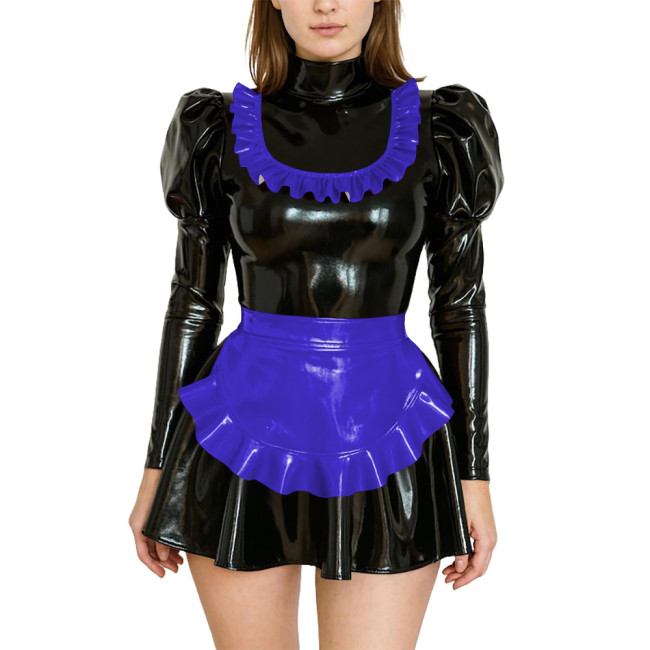Adult Dressing Sissy Maid Uniforms Puff Long Sleeve High Neck PVC Shiny Short Maid Dress with Apron Role Play Dress Outfits