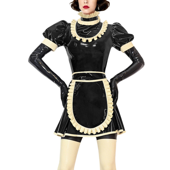 Sexy Gothic Lolita Maid Uniforms Ruffles High Neck French Apron Flared Dress Halloween Cosplay Outfits Frilly Sissy Maid Costume