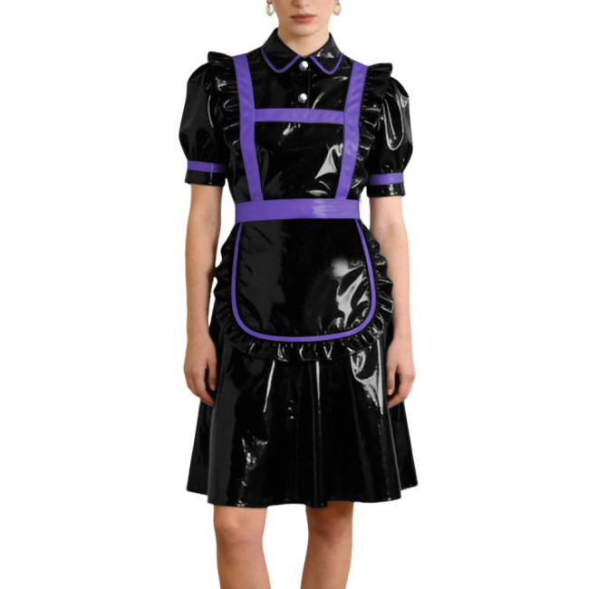 Gothic Style PVC Patent Leather Maid Uniform Puff Sleeves Apron A-line Dress with Button Front Sissy Cosplay Party Maid Outfits