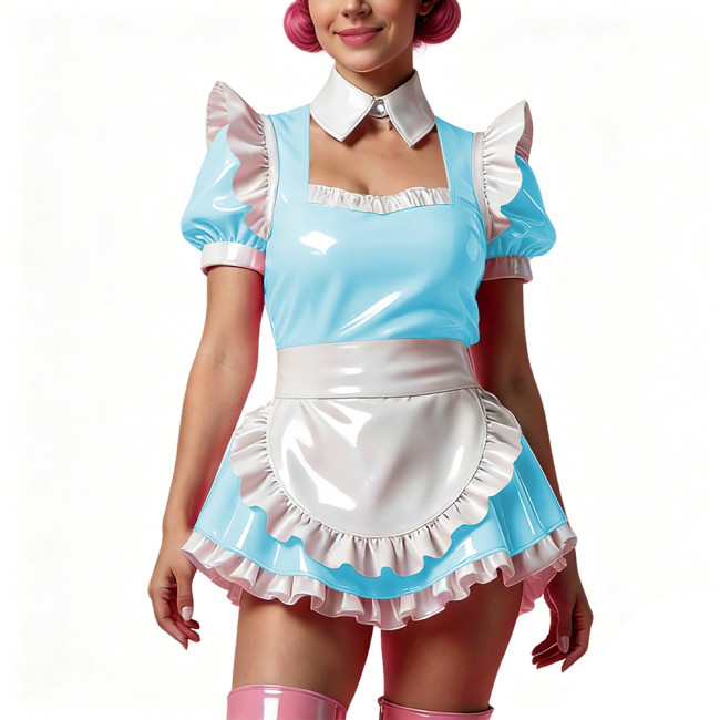 Sissy Short Maid Cosplay Prom Dress Shiny PVC Puff Sleeve A-Line Mini Dress with Choker French Apron Cocktail Party Dress Outfit