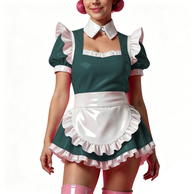 Sissy Short Maid Cosplay Prom Dress Shiny PVC Puff Sleeve A-Line Mini Dress with Choker French Apron Cocktail Party Dress Outfit