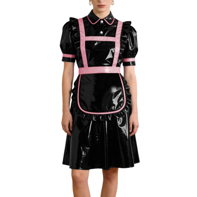 Gothic Style PVC Patent Leather Maid Uniform Puff Sleeves Apron A-line Dress with Button Front Sissy Cosplay Party Maid Outfits
