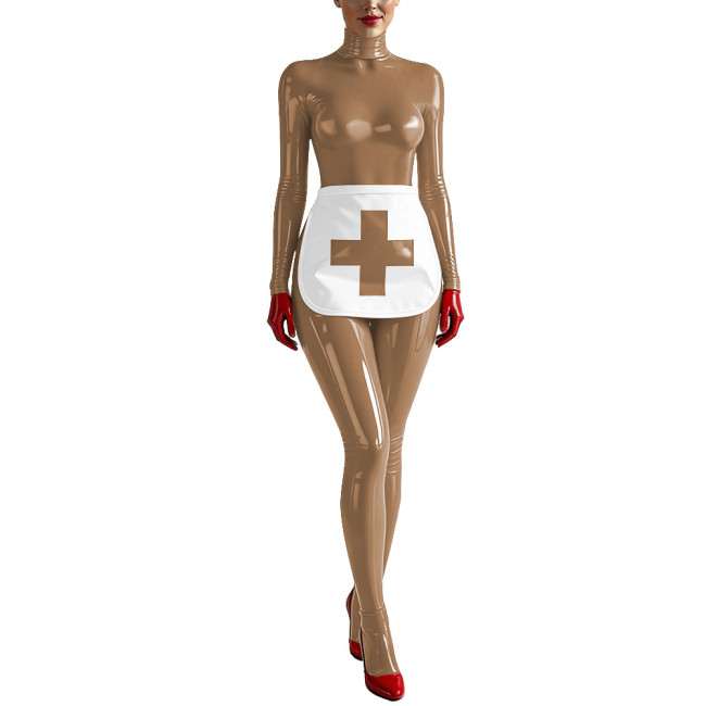 Party Cosplay Nurse Catsuit Long Sleeve PVC Vinyl Leather Bodysuit with Apron Wetlook Nurse Uniforms Halloween Roleplay Jumpsuit