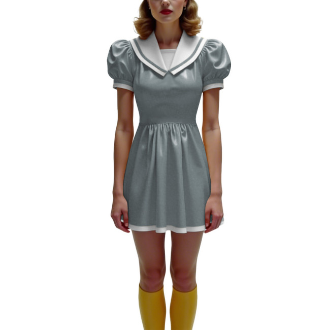 Anime Glossy PVC Leather Mini Dress Womens Preppy Short Sleeve Pleated Mini Dress Cosplay Costume Halloween Party School Uniform