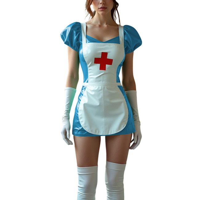 Sexy Women PVC Leather Fetish Nurse Dress Glossy Tight Short Sleeve Cosplay Nurse Doctor Uniforms Halloween Carnival Costumes