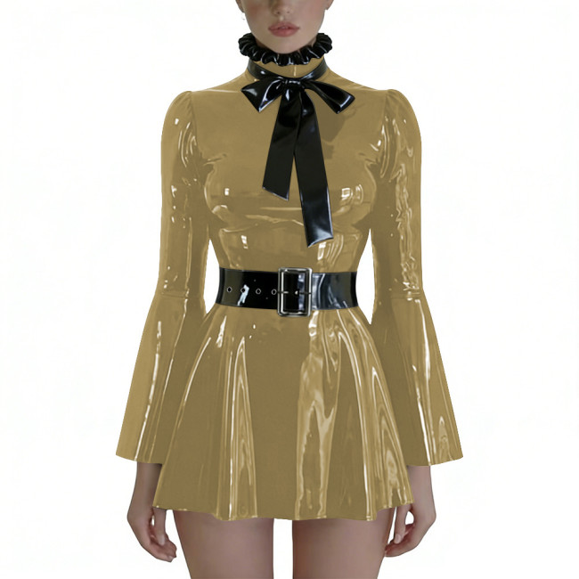Plus Size Wetlook PVC Swing Dresses with Bow Chic Preppy Style Long Flare Sleeve Belted Dress Party Glossy Short Gown Clubwear