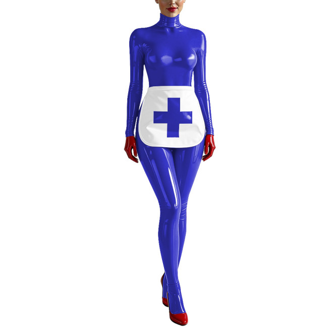 Party Cosplay Nurse Catsuit Long Sleeve PVC Vinyl Leather Bodysuit with Apron Wetlook Nurse Uniforms Halloween Roleplay Jumpsuit