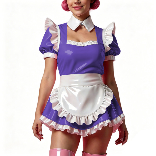 Sissy Short Maid Cosplay Prom Dress Shiny PVC Puff Sleeve A-Line Mini Dress with Choker French Apron Cocktail Party Dress Outfit
