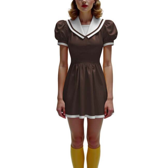Anime Glossy PVC Leather Mini Dress Womens Preppy Short Sleeve Pleated Mini Dress Cosplay Costume Halloween Party School Uniform