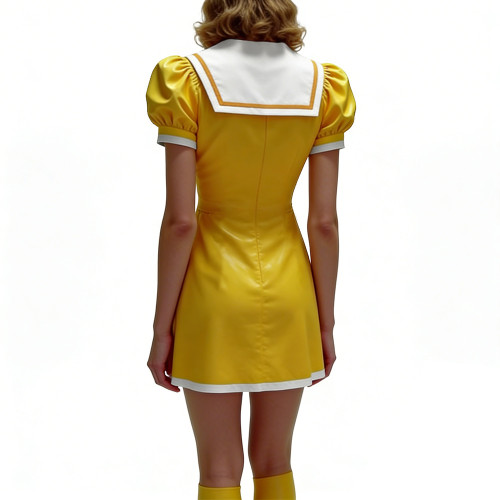 Anime Glossy PVC Leather Mini Dress Womens Preppy Short Sleeve Pleated Mini Dress Cosplay Costume Halloween Party School Uniform