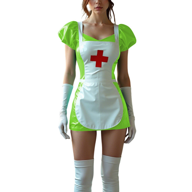 Sexy Women PVC Leather Fetish Nurse Dress Glossy Tight Short Sleeve Cosplay Nurse Doctor Uniforms Halloween Carnival Costumes