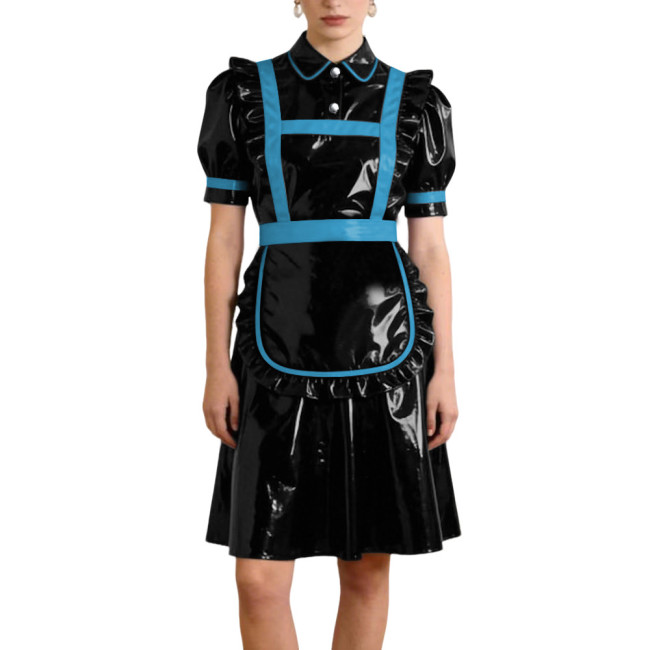 Gothic Style PVC Patent Leather Maid Uniform Puff Sleeves Apron A-line Dress with Button Front Sissy Cosplay Party Maid Outfits