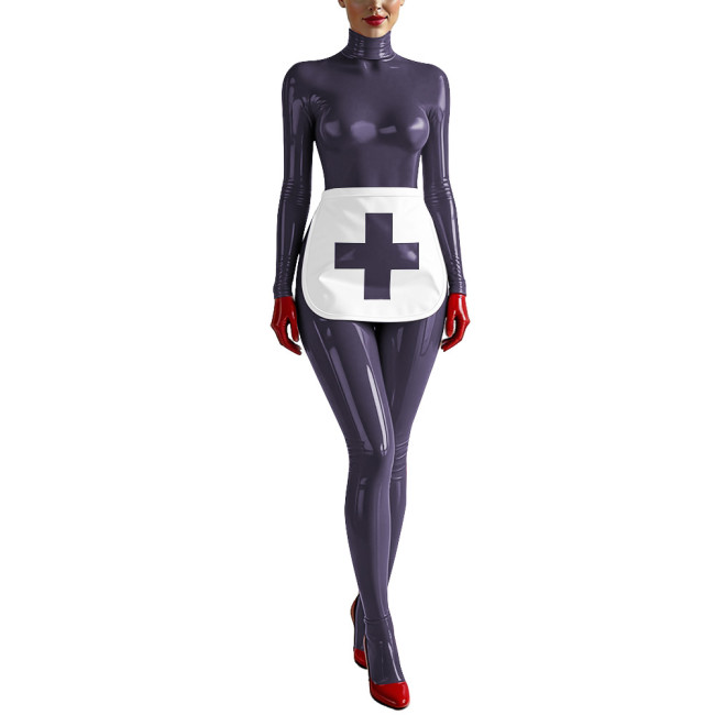 Party Cosplay Nurse Catsuit Long Sleeve PVC Vinyl Leather Bodysuit with Apron Wetlook Nurse Uniforms Halloween Roleplay Jumpsuit
