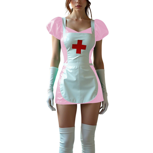 Sexy Women PVC Leather Fetish Nurse Dress Glossy Tight Short Sleeve Cosplay Nurse Doctor Uniforms Halloween Carnival Costumes