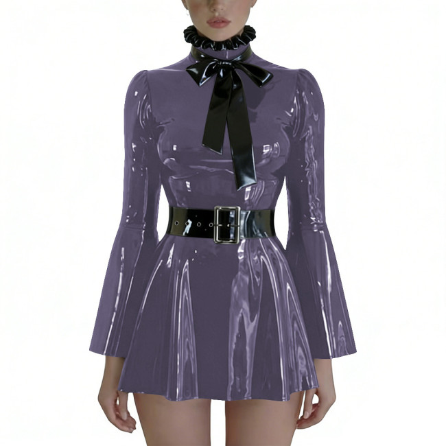 Plus Size Wetlook PVC Swing Dresses with Bow Chic Preppy Style Long Flare Sleeve Belted Dress Party Glossy Short Gown Clubwear