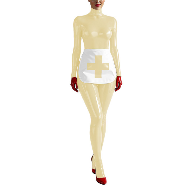 Party Cosplay Nurse Catsuit Long Sleeve PVC Vinyl Leather Bodysuit with Apron Wetlook Nurse Uniforms Halloween Roleplay Jumpsuit