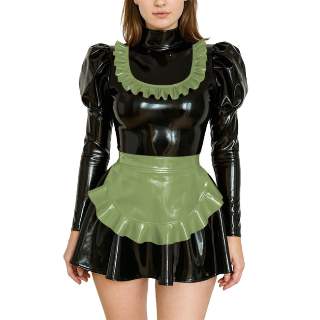 Adult Dressing Sissy Maid Uniforms Puff Long Sleeve High Neck PVC Shiny Short Maid Dress with Apron Role Play Dress Outfits