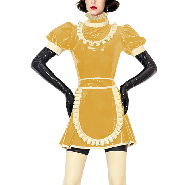 Sexy Gothic Lolita Maid Uniforms Ruffles High Neck French Apron Flared Dress Halloween Cosplay Outfits Frilly Sissy Maid Costume