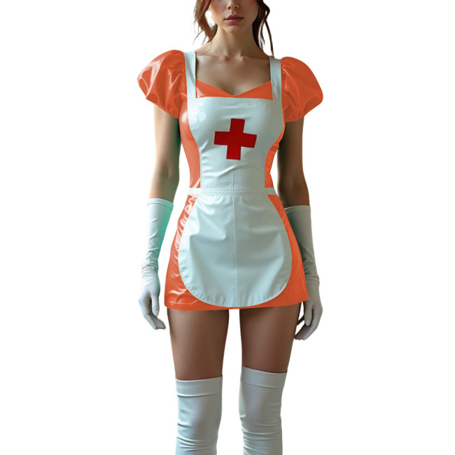 Sexy Women PVC Leather Fetish Nurse Dress Glossy Tight Short Sleeve Cosplay Nurse Doctor Uniforms Halloween Carnival Costumes