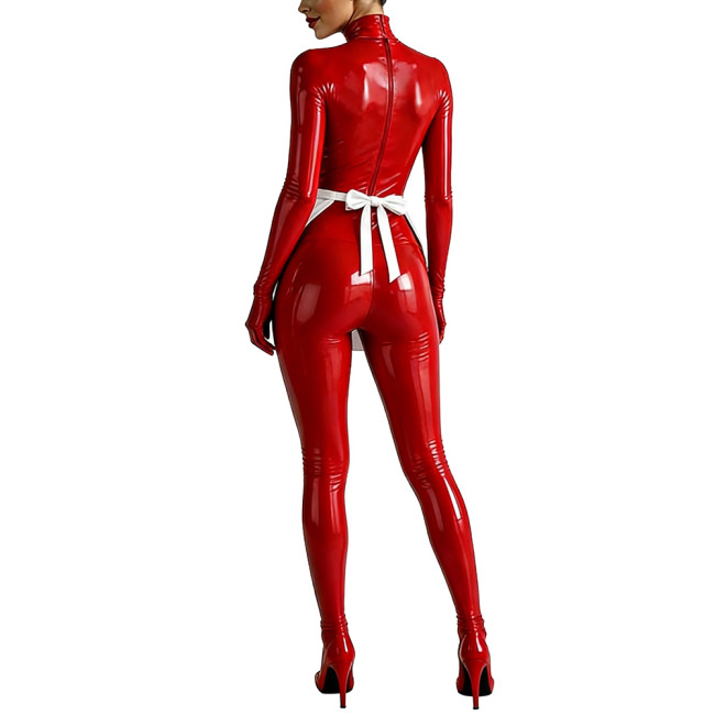 Party Cosplay Nurse Catsuit Long Sleeve PVC Vinyl Leather Bodysuit with Apron Wetlook Nurse Uniforms Halloween Roleplay Jumpsuit