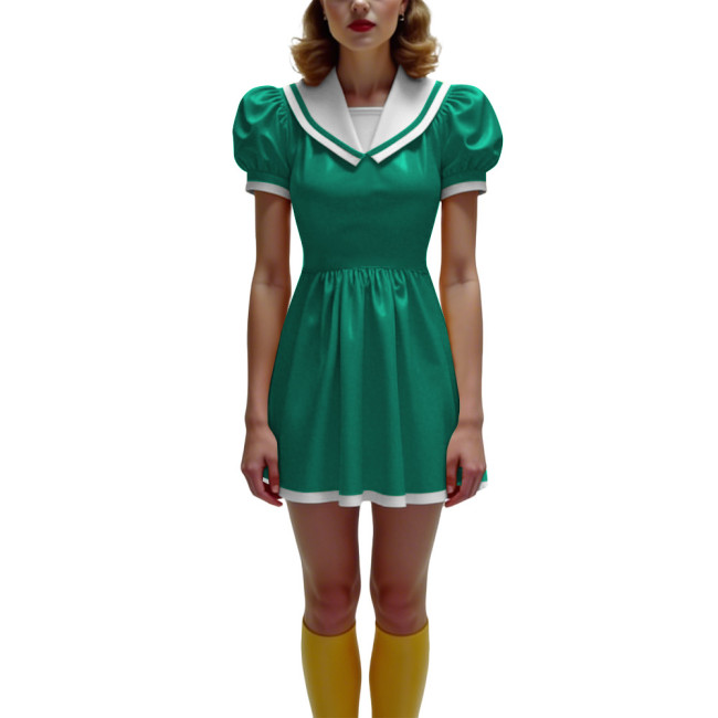 Anime Glossy PVC Leather Mini Dress Womens Preppy Short Sleeve Pleated Mini Dress Cosplay Costume Halloween Party School Uniform