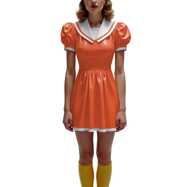 Anime Glossy PVC Leather Mini Dress Womens Preppy Short Sleeve Pleated Mini Dress Cosplay Costume Halloween Party School Uniform