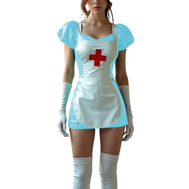 Sexy Women PVC Leather Fetish Nurse Dress Glossy Tight Short Sleeve Cosplay Nurse Doctor Uniforms Halloween Carnival Costumes