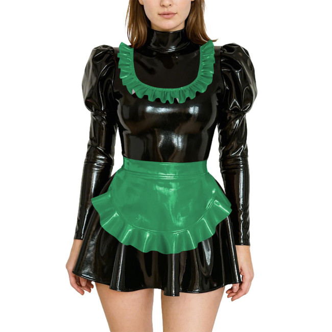 Adult Dressing Sissy Maid Uniforms Puff Long Sleeve High Neck PVC Shiny Short Maid Dress with Apron Role Play Dress Outfits