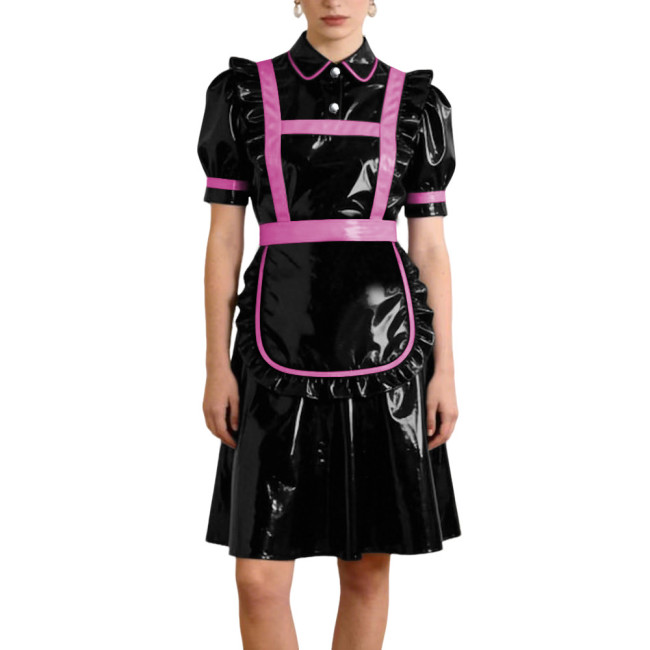 Gothic Style PVC Patent Leather Maid Uniform Puff Sleeves Apron A-line Dress with Button Front Sissy Cosplay Party Maid Outfits