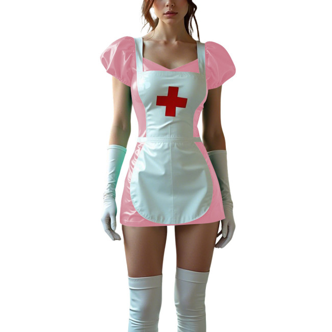 Sexy Women PVC Leather Fetish Nurse Dress Glossy Tight Short Sleeve Cosplay Nurse Doctor Uniforms Halloween Carnival Costumes