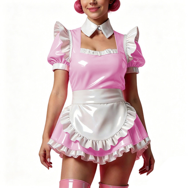 Sissy Short Maid Cosplay Prom Dress Shiny PVC Puff Sleeve A-Line Mini Dress with Choker French Apron Cocktail Party Dress Outfit