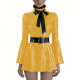Plus Size Wetlook PVC Swing Dresses with Bow Chic Preppy Style Long Flare Sleeve Belted Dress Party Glossy Short Gown Clubwear
