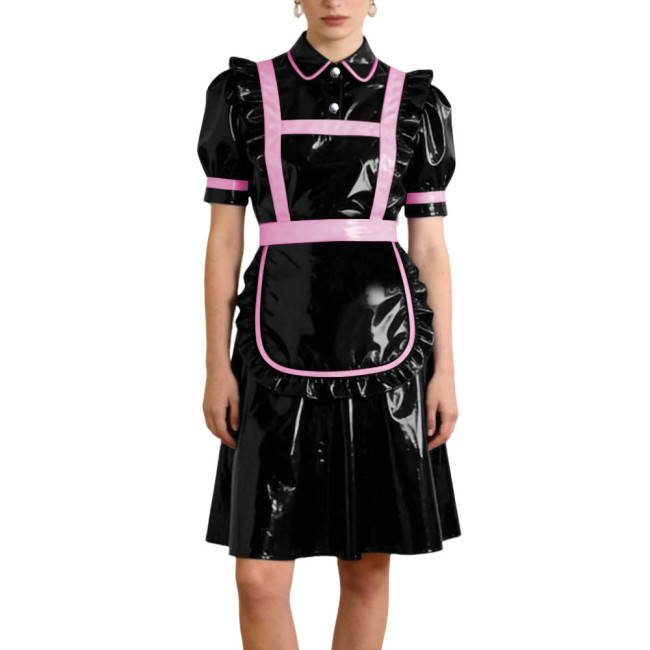 Gothic Style PVC Patent Leather Maid Uniform Puff Sleeves Apron A-line Dress with Button Front Sissy Cosplay Party Maid Outfits