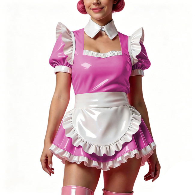 Sissy Short Maid Cosplay Prom Dress Shiny PVC Puff Sleeve A-Line Mini Dress with Choker French Apron Cocktail Party Dress Outfit