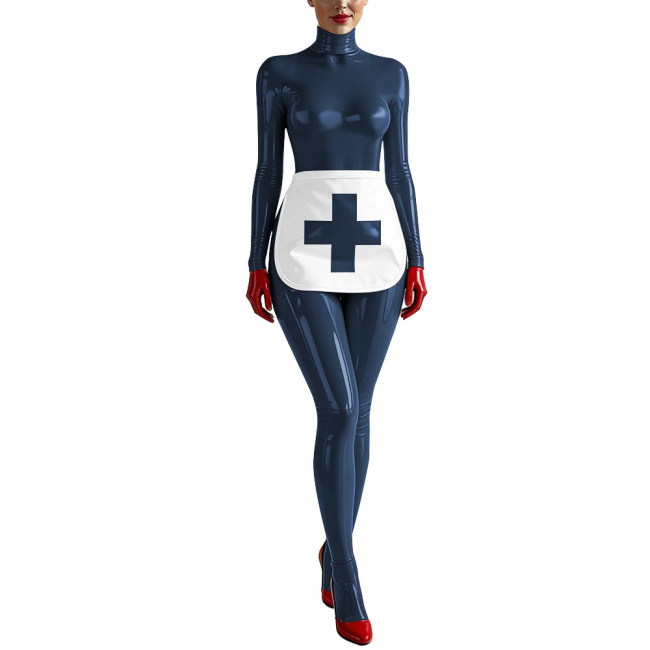 Party Cosplay Nurse Catsuit Long Sleeve PVC Vinyl Leather Bodysuit with Apron Wetlook Nurse Uniforms Halloween Roleplay Jumpsuit