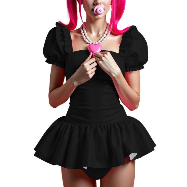 Women's PVC Shiny Tutu Bodysuit Puff Sleeve Square Neck Ruffle Skirted Rompers for Cosplay Lolita Theme Party High Cut Catsuit