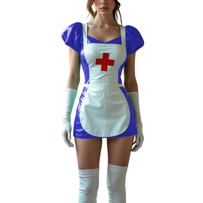 Sexy Women PVC Leather Fetish Nurse Dress Glossy Tight Short Sleeve Cosplay Nurse Doctor Uniforms Halloween Carnival Costumes
