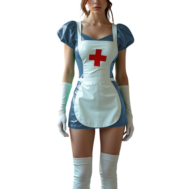 Sexy Women PVC Leather Fetish Nurse Dress Glossy Tight Short Sleeve Cosplay Nurse Doctor Uniforms Halloween Carnival Costumes