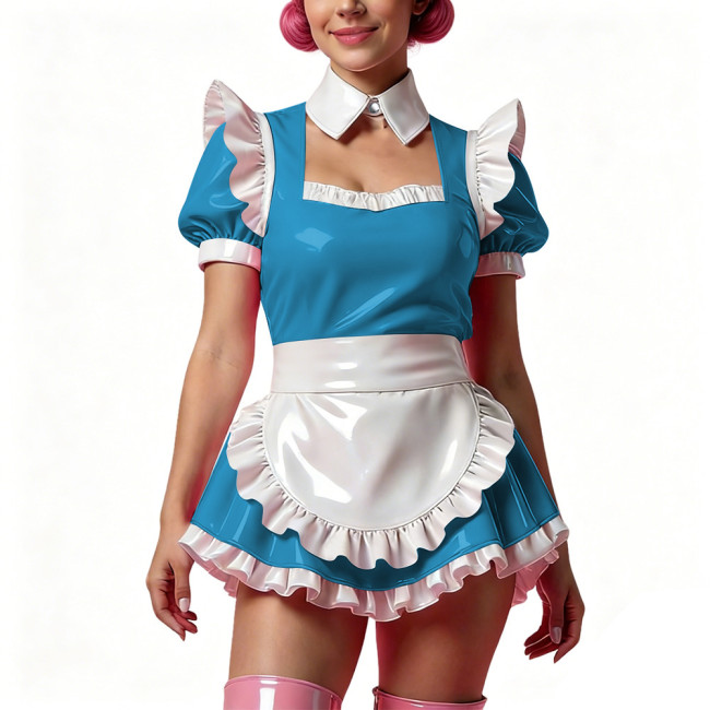 Sissy Short Maid Cosplay Prom Dress Shiny PVC Puff Sleeve A-Line Mini Dress with Choker French Apron Cocktail Party Dress Outfit