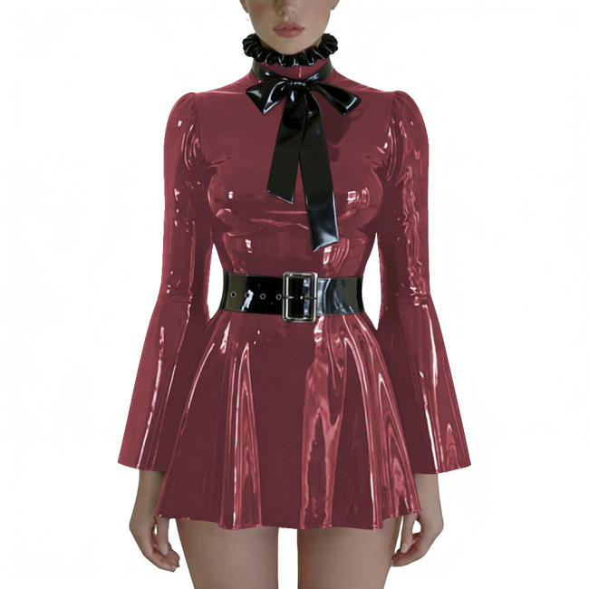 Plus Size Wetlook PVC Swing Dresses with Bow Chic Preppy Style Long Flare Sleeve Belted Dress Party Glossy Short Gown Clubwear