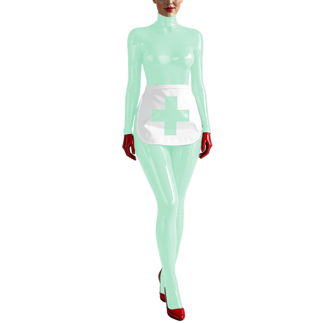 Party Cosplay Nurse Catsuit Long Sleeve PVC Vinyl Leather Bodysuit with Apron Wetlook Nurse Uniforms Halloween Roleplay Jumpsuit