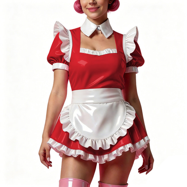 Sissy Short Maid Cosplay Prom Dress Shiny PVC Puff Sleeve A-Line Mini Dress with Choker French Apron Cocktail Party Dress Outfit