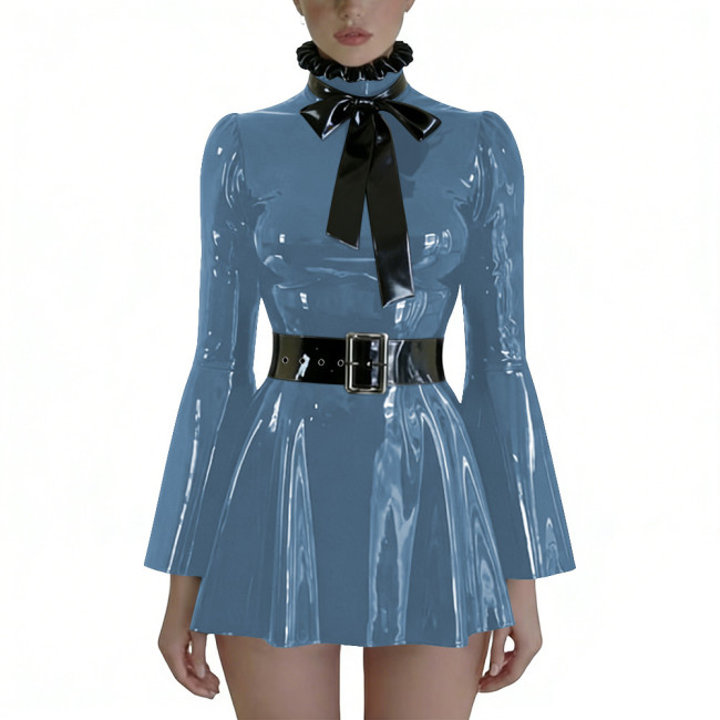 Plus Size Wetlook PVC Swing Dresses with Bow Chic Preppy Style Long Flare Sleeve Belted Dress Party Glossy Short Gown Clubwear