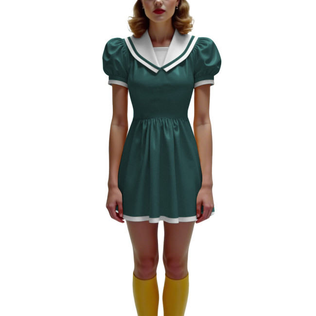 Anime Glossy PVC Leather Mini Dress Womens Preppy Short Sleeve Pleated Mini Dress Cosplay Costume Halloween Party School Uniform