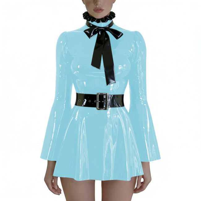 Plus Size Wetlook PVC Swing Dresses with Bow Chic Preppy Style Long Flare Sleeve Belted Dress Party Glossy Short Gown Clubwear